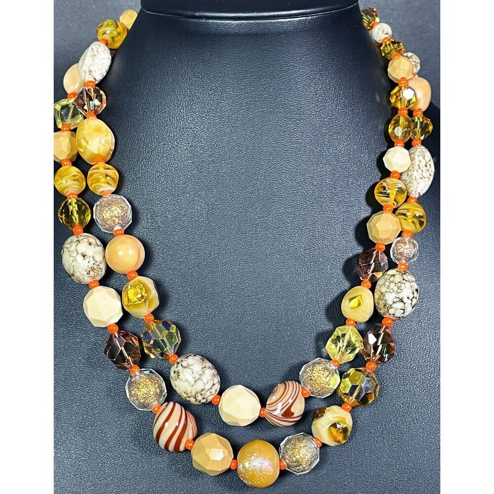 Hattie Carnegie Double Strand Vintage 60s Crystal Glass Stone Beads 20in
